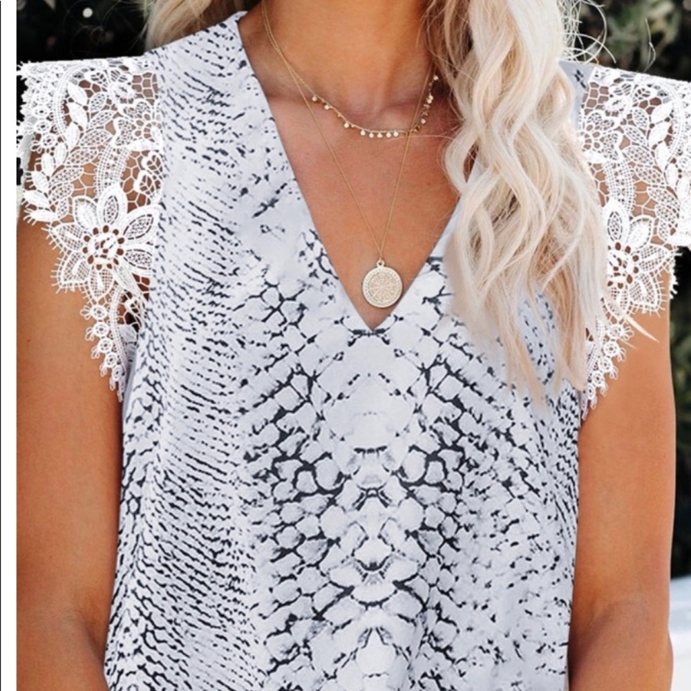 White Print Lace Shoulder Tank Top